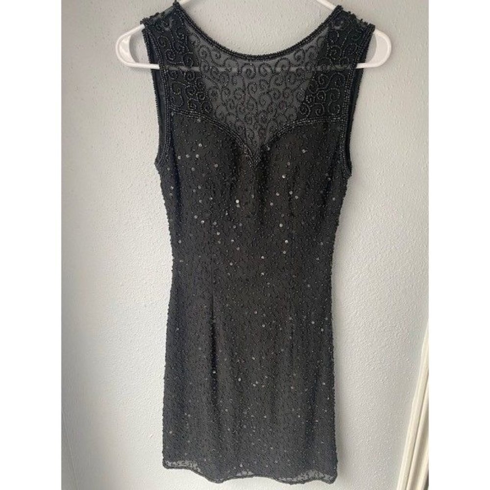 Vintage Andretta Donatello Black Silk Beaded Black Mini Sheath Dress - XS